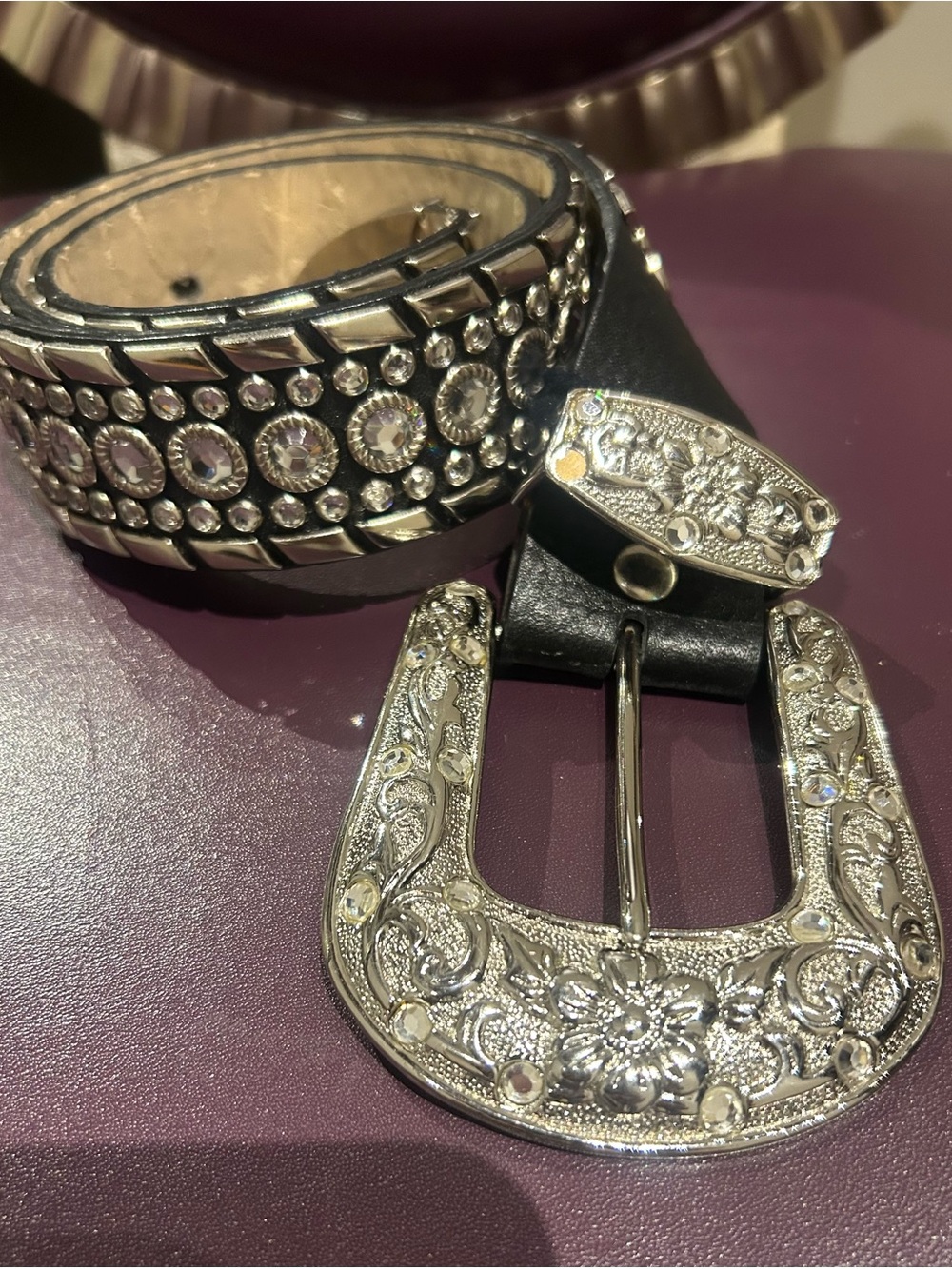 Studded Black Leather Western-Style Belt with Silver Buckle